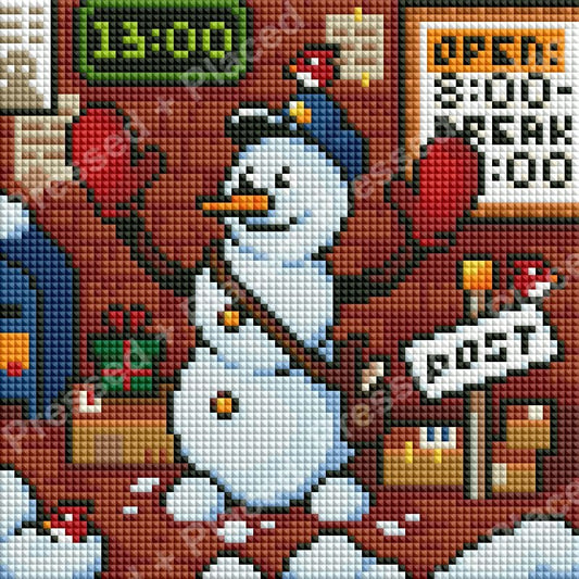 Snowman in a festive winter scene with gifts, hearts, and holiday signs in diamond art style