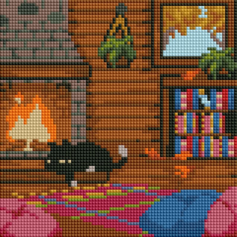Four cabin-themed diamond painting designs with cozy interiors, warm colors, and rustic details
