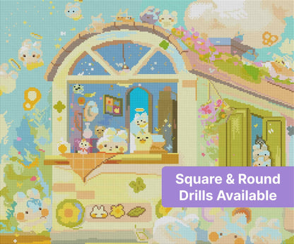 Whimsical pastel house with cute bunny characters and floral accents