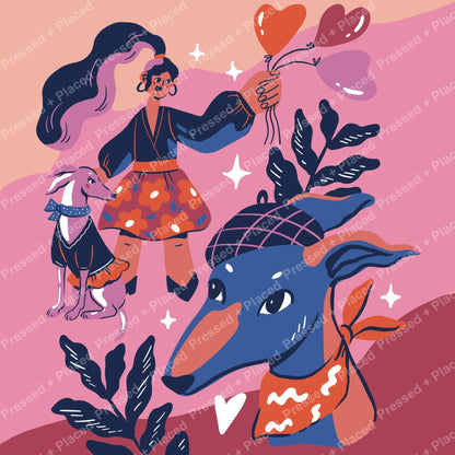 Whimsical boho girl with dog and heart balloons in colorful flat illustration style