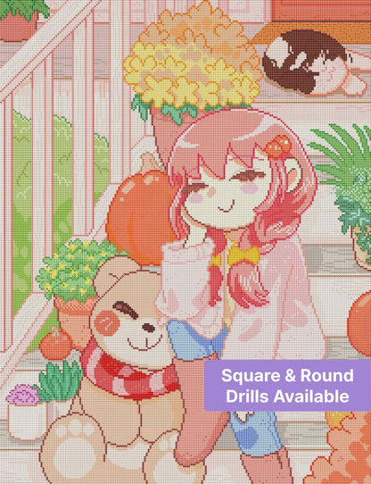 Chibi girl and teddy bear on a cozy autumn porch with pumpkins and flowers