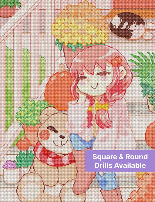 Chibi girl and teddy bear on a cozy autumn porch with pumpkins and flowers