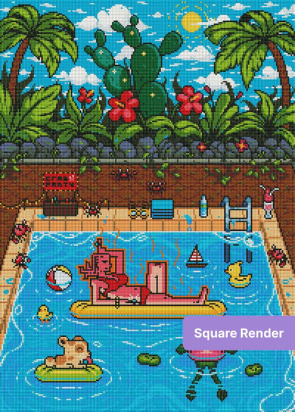 Pixel-art tropical pool scene with palm trees, cactus, floaties, and a sunny sky