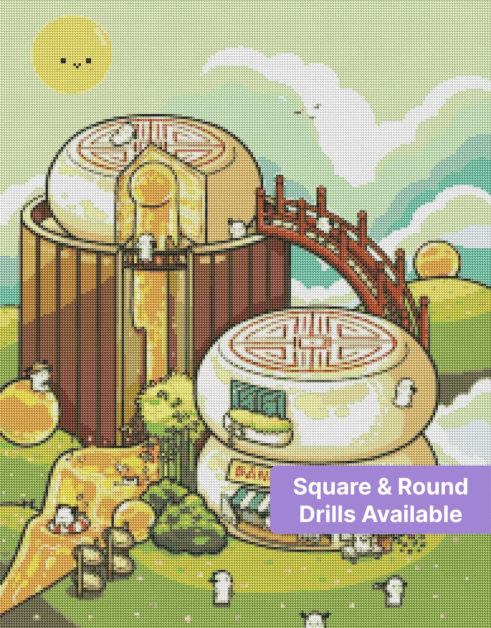 Cute fantasy bakery village with pastel pastry buildings, golden details, and tiny cartoon characters