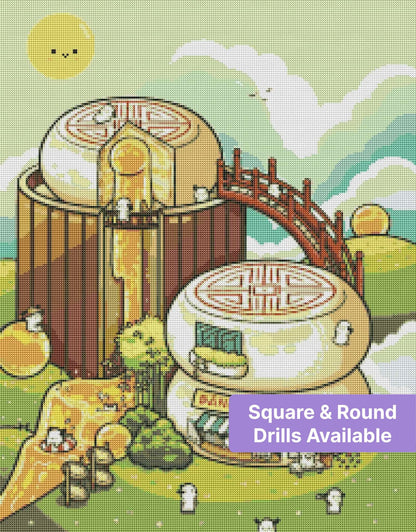 Cute fantasy bakery village with pastel pastry buildings, golden details, and tiny cartoon characters