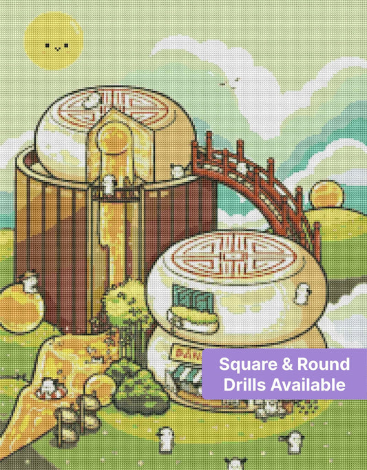 Cute fantasy bakery village with pastel pastry buildings, golden details, and tiny cartoon characters