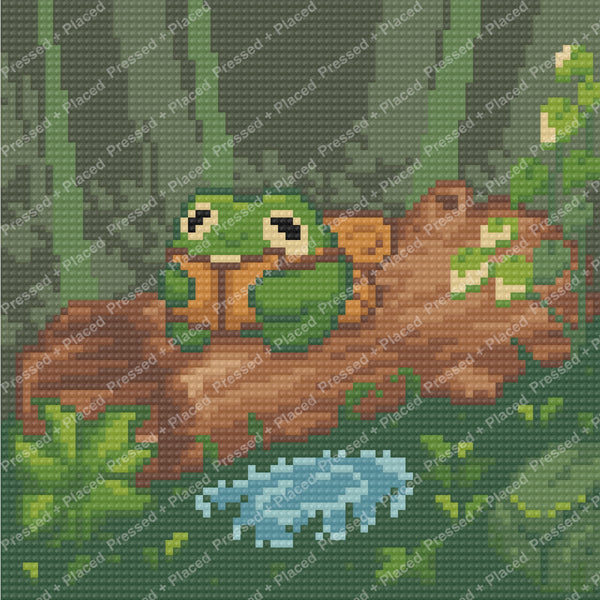 Green frog on a lily pad with reeds and water in a pixel-style scene