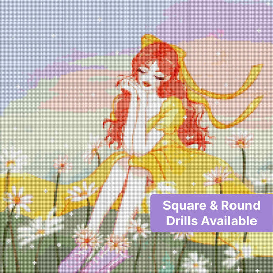 Pastel girl in yellow dress with daisies and soft fantasy sparkles