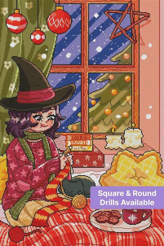 Cozy witch in a winter room with Christmas decor, candles, and snowy window scene