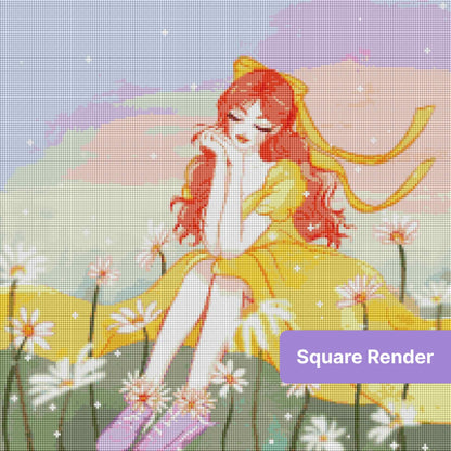 Pastel girl in yellow dress with daisies and soft fantasy sparkles