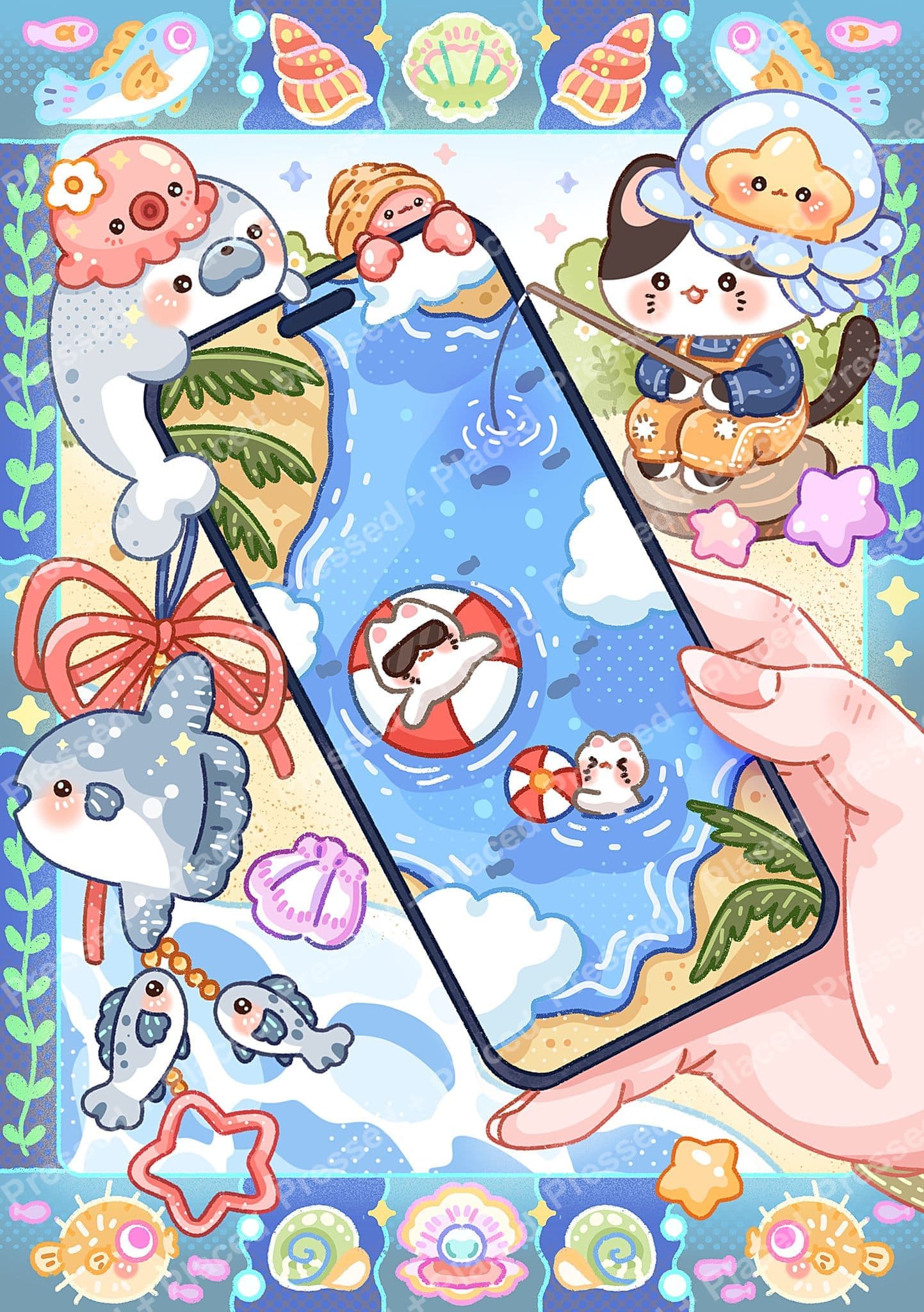 Cute kawaii ocean animal diamond painting with pastel shells, fish, and blue seaside scene