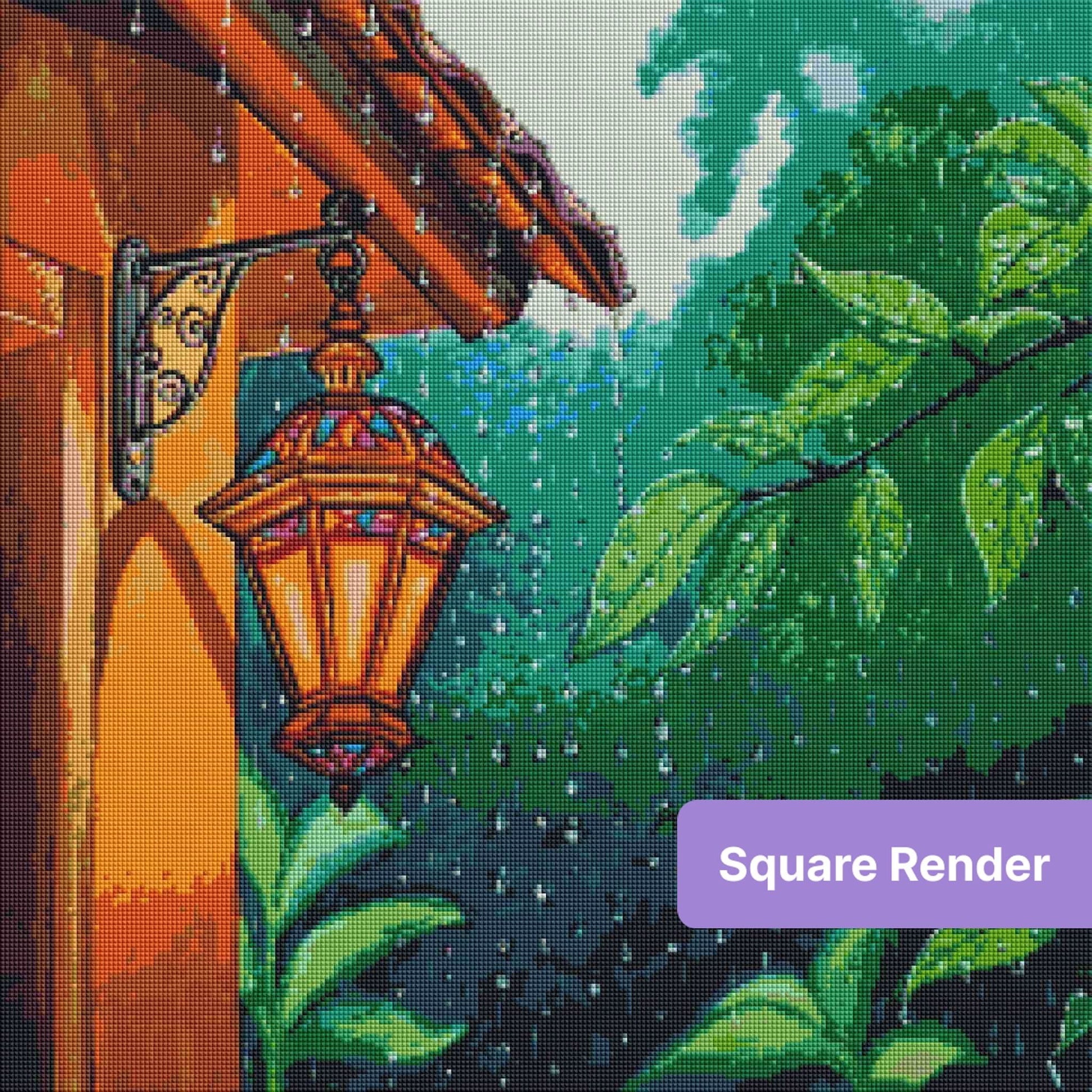 Glowing lantern beside rain-soaked leaves in a vibrant painted outdoor scene