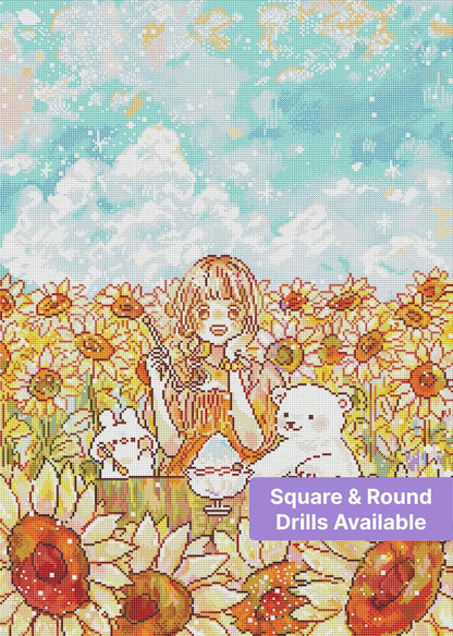 Whimsical girl in a sunflower field with bears, pastel sky, and storybook style