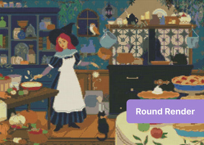 Whimsical witch baking pies in a cozy autumn kitchen with rustic cottagecore details