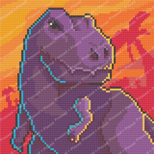 Purple cartoon dinosaur diamond painting with bright orange and red background