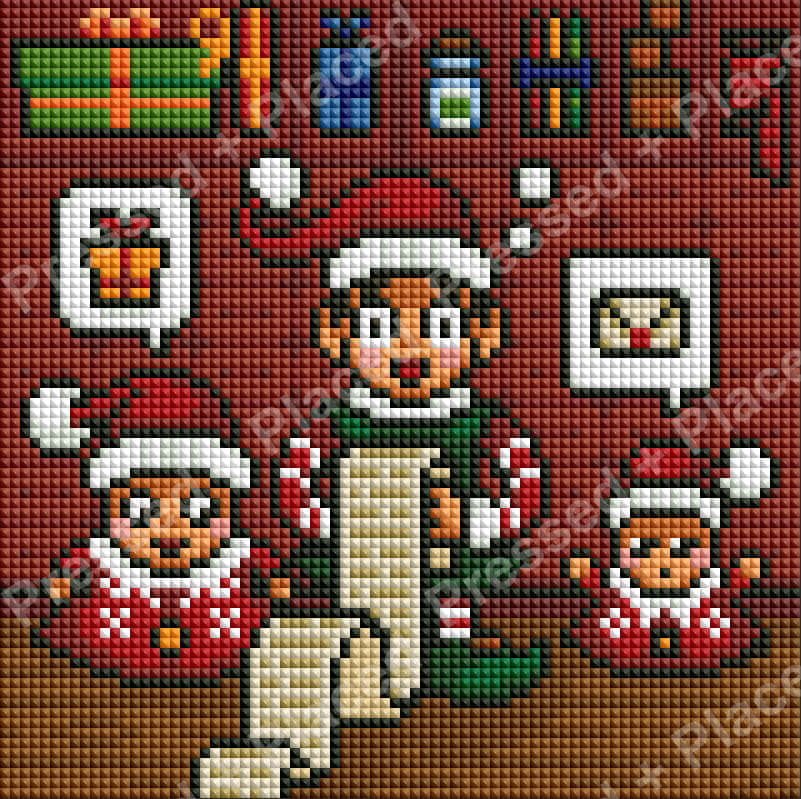 Christmas elf diamond painting kit with gifts, Santa hats, and festive cartoon style