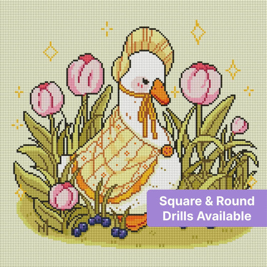 Cute duck surrounded by pink flowers in a soft pastel cartoon style