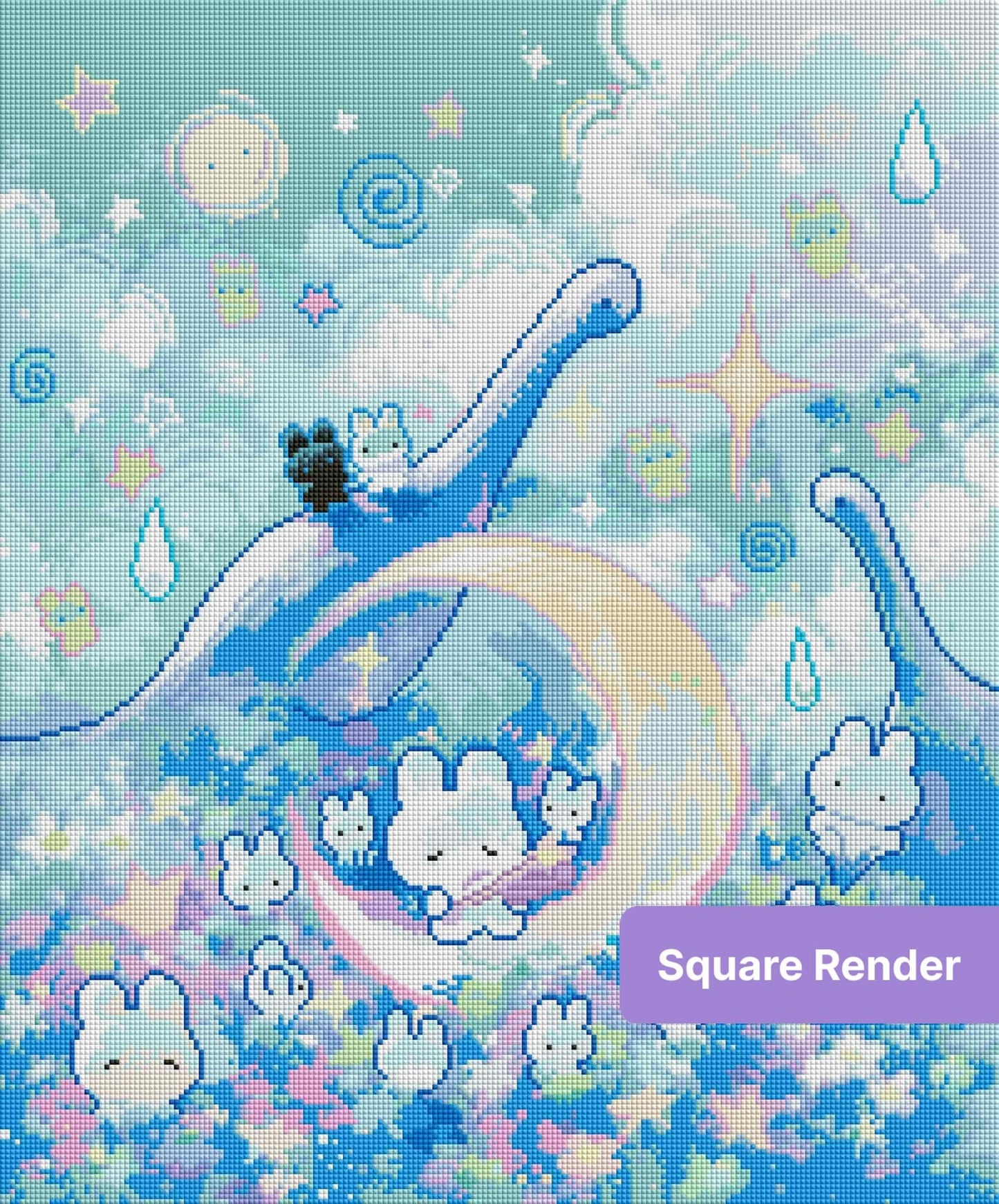 Pastel kawaii bunny scene with rainbow arches, clouds, stars, and whimsical fantasy details
