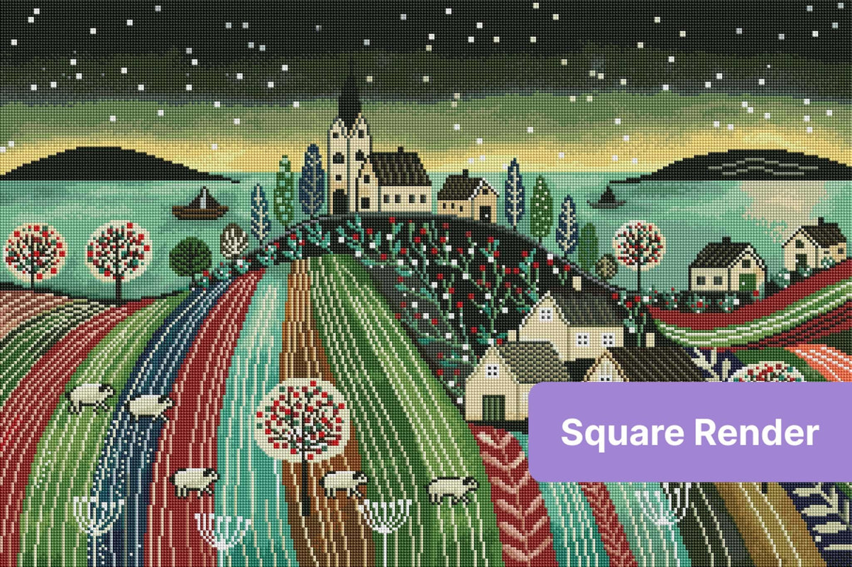 Whimsical village landscape with church, cottages, sheep, and colorful striped fields