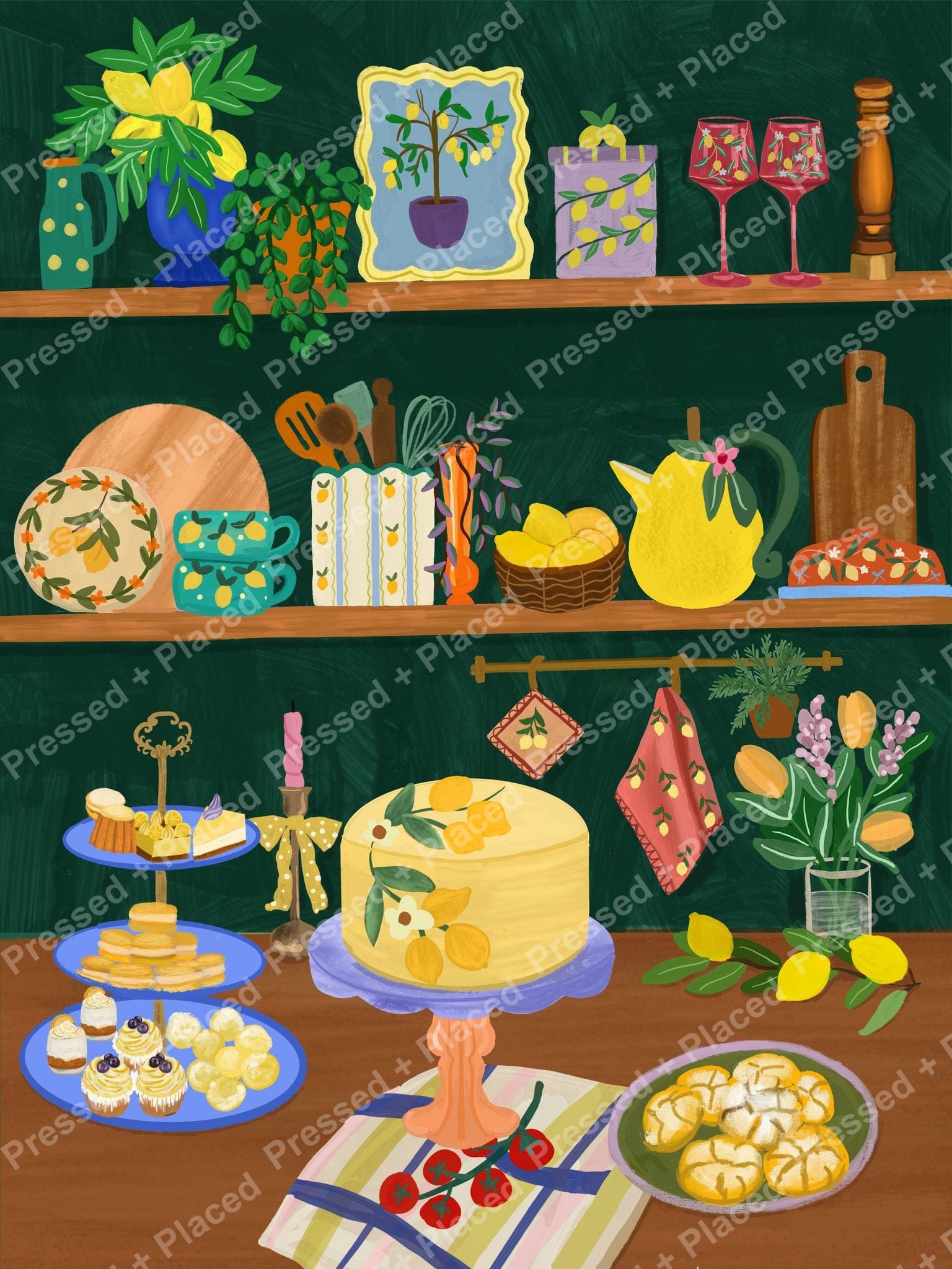 Lemon-themed still life with painted shelves, desserts, vases, and floral kitchen decor