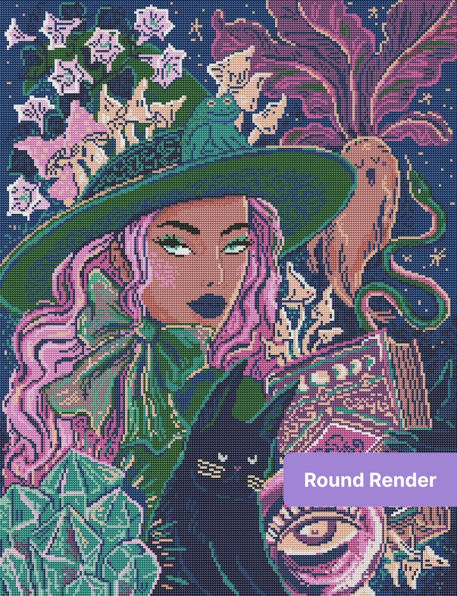 Fantasy witch with pink hair, green hat, cat, mushrooms, crystals, and moon symbols