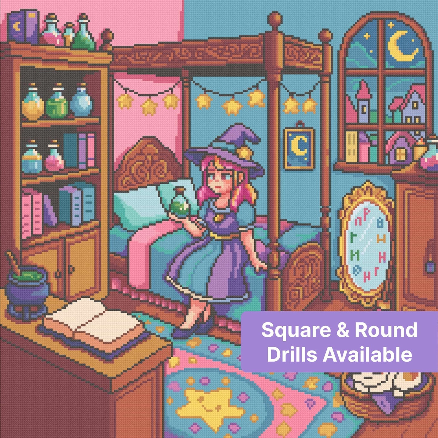 Pixel art witch bedroom with pastel decor, star garlands, and moonlit fantasy details