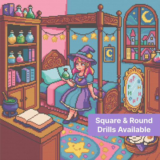 Pixel art witch bedroom with pastel decor, star garlands, and moonlit fantasy details