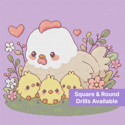 Cute cartoon hen with three chicks, hearts, and flowers on a lavender background