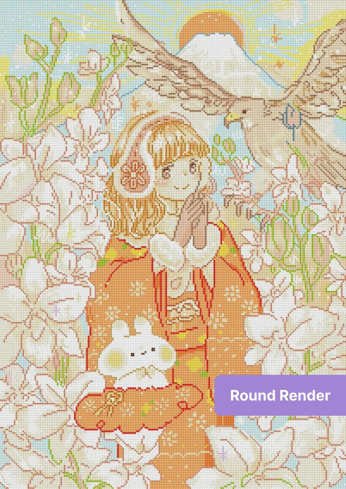 Anime girl in pastel flowers with eagle and mountain sunset fantasy art