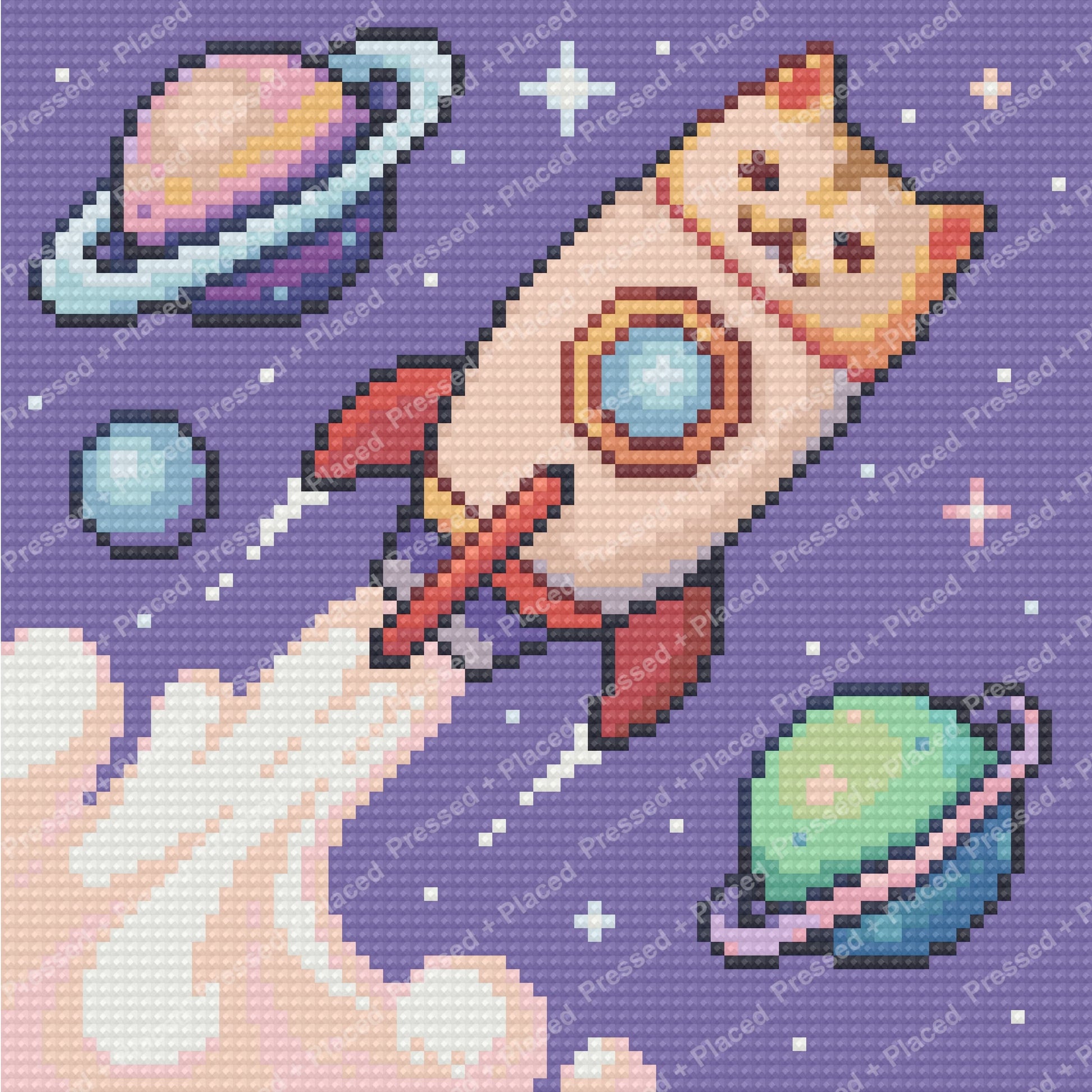 Cute rocket and colorful planets in a whimsical space-themed diamond painting style