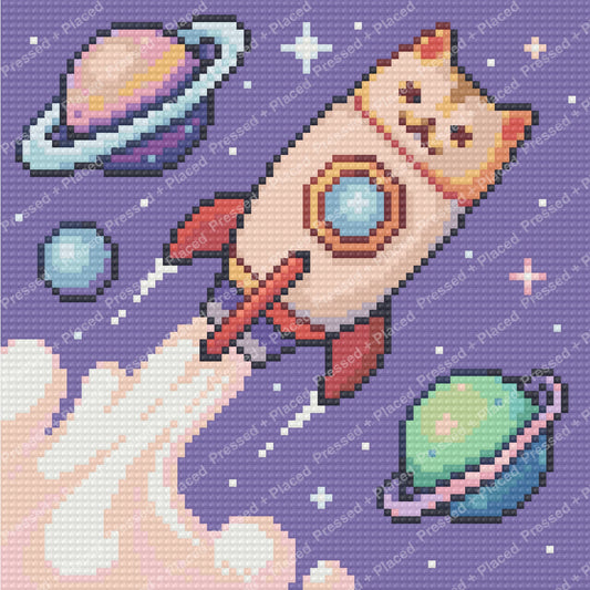 Cute rocket and colorful planets in a whimsical space-themed diamond painting style