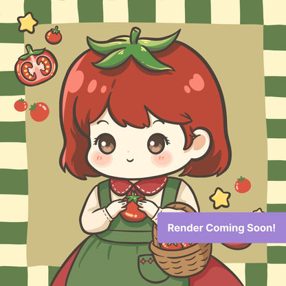 Cute kawaii tomato girl with basket, stars, and garden-inspired colors