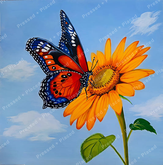 Colorful butterfly on bright sunflower against a soft blue sky, painted in bold floral style