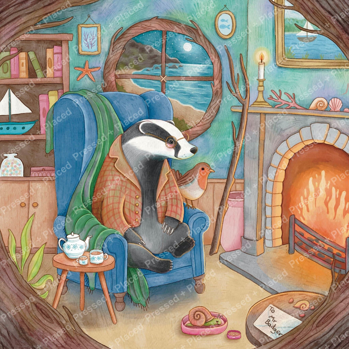 Watercolor-style badger in a cozy seaside cottage with fireplace, ocean view, and warm decor