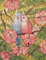 Two colorful parrots perched among pink flowers and green tropical leaves, watercolor style
