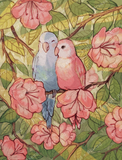 Two colorful parrots perched among pink flowers and green tropical leaves, watercolor style