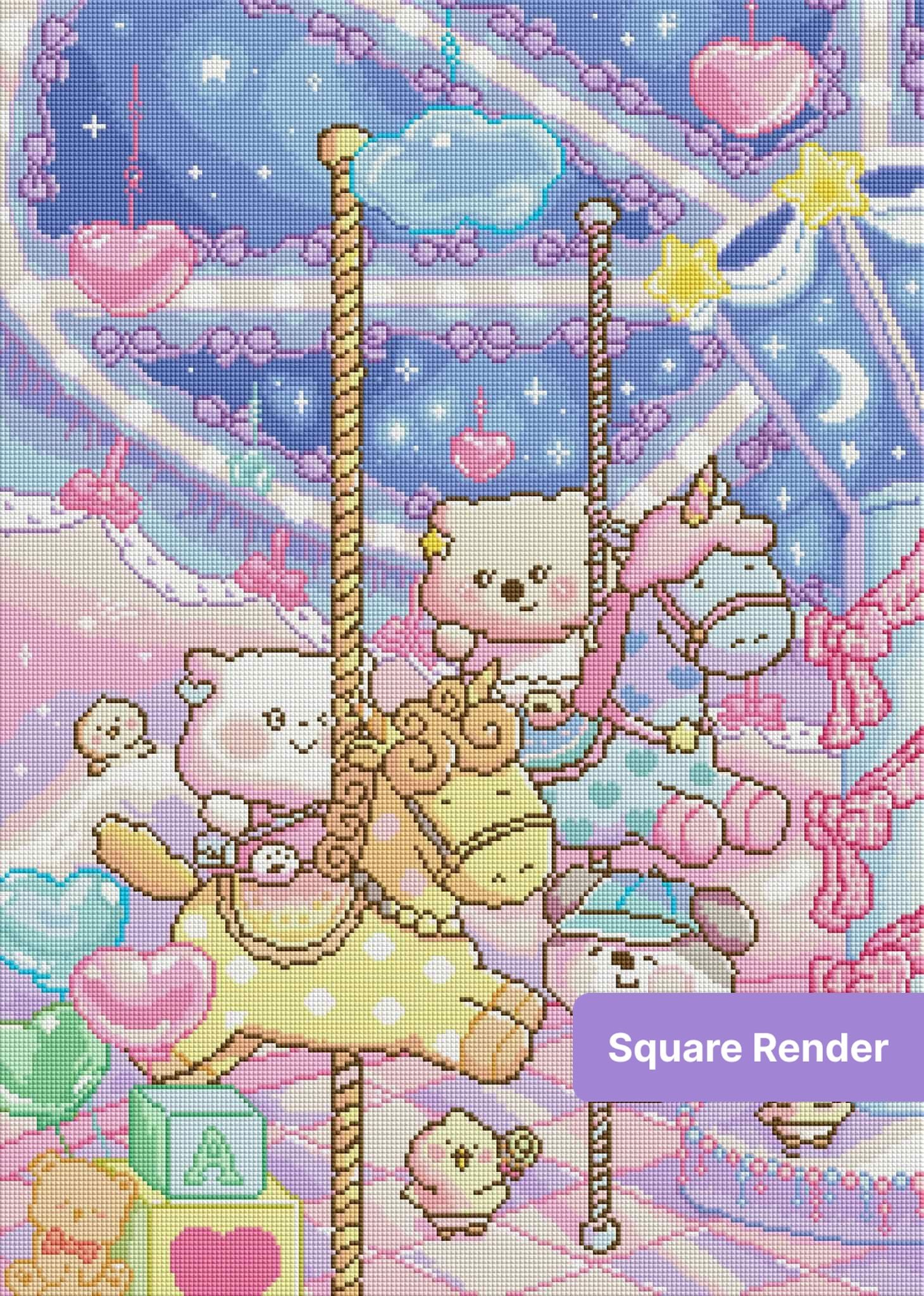 Kawaii carousel diamond painting with pastel animal characters, hearts, stars, and dreamy night sky