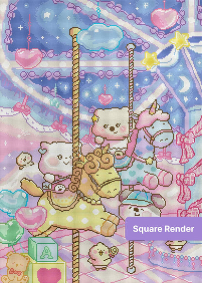 Kawaii carousel diamond painting with pastel animal characters, hearts, stars, and dreamy night sky
