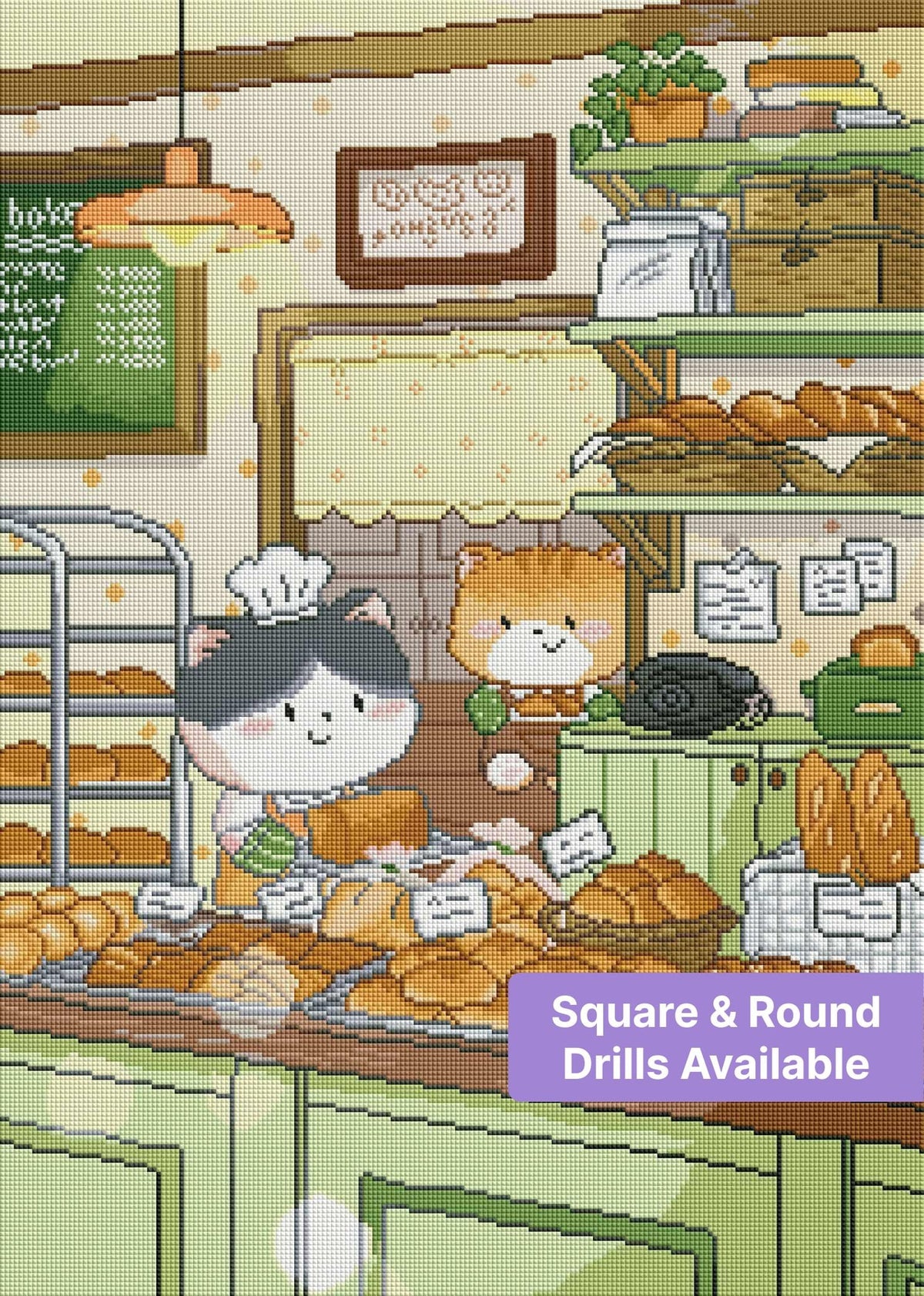 Cute cat bakers in a cozy bakery with fresh bread, pastries, and warm pastel décor
