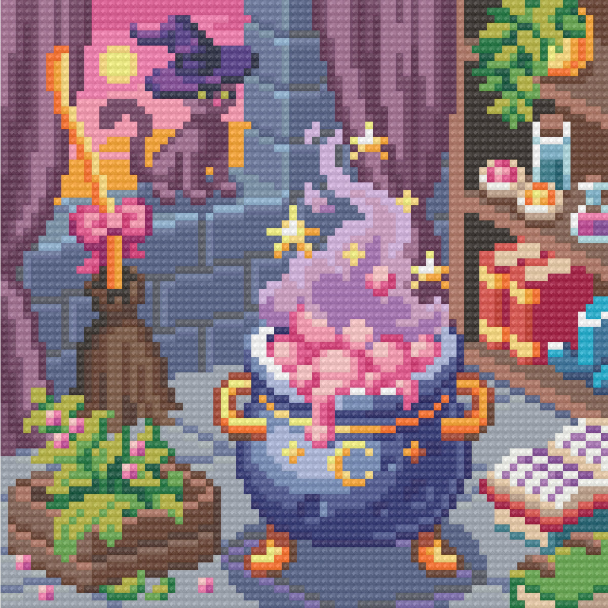 Whimsical witch room diamond art scenes with potion bottles, books, candles, and cozy fantasy decor