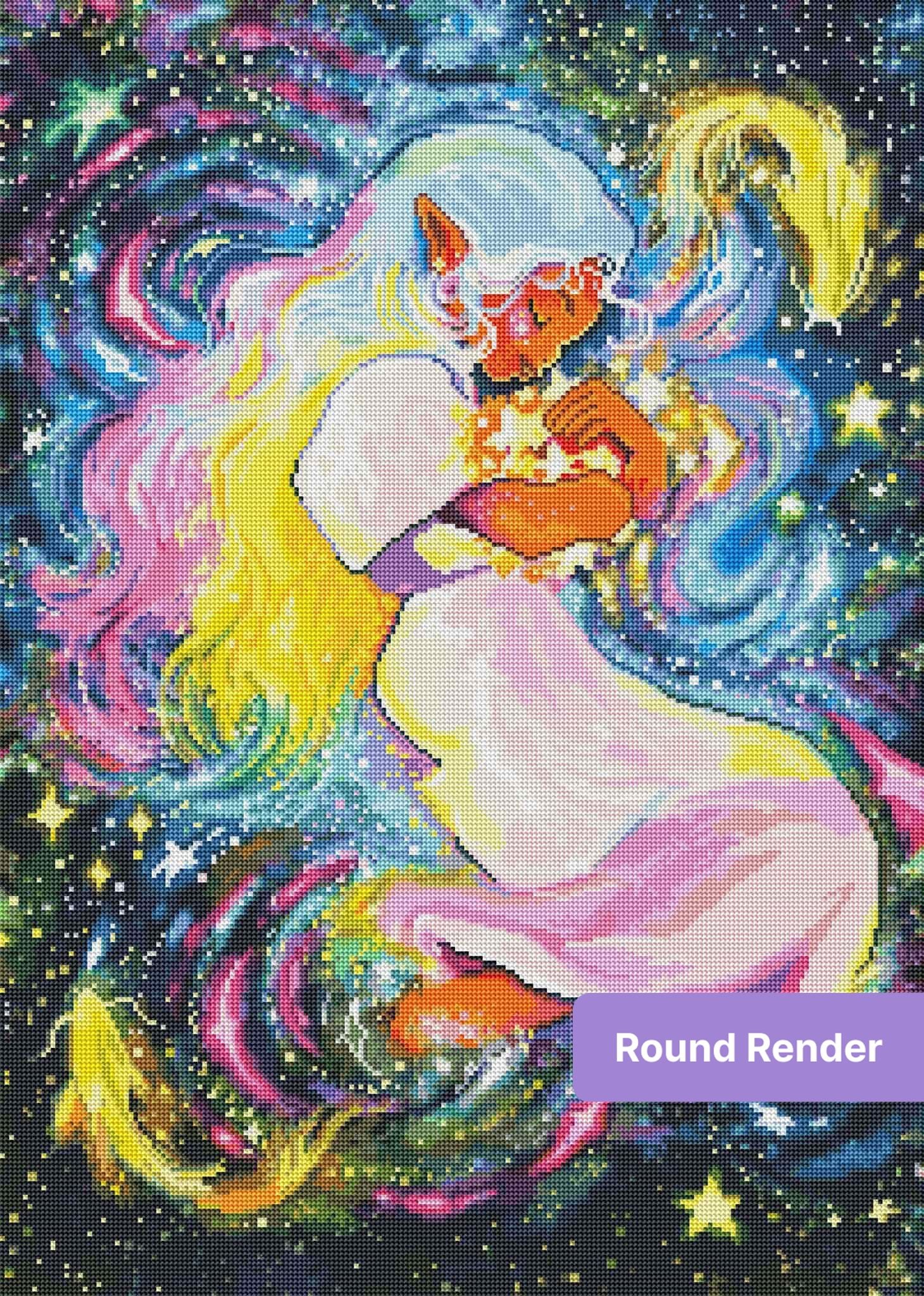 Colorful unicorn in a cosmic fantasy scene with stars and rainbow swirls