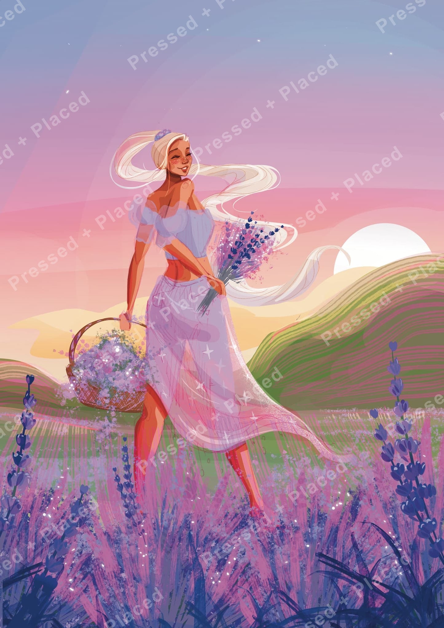 Fantasy girl in a lavender field with flowing hair, pastel sunset, and floral bouquet