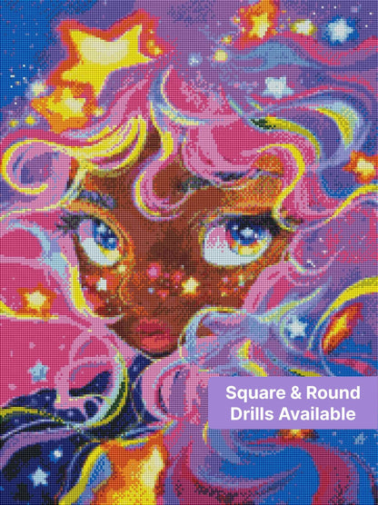 Colorful fantasy girl portrait with rainbow hair, glowing stars, and vivid purple cosmic background