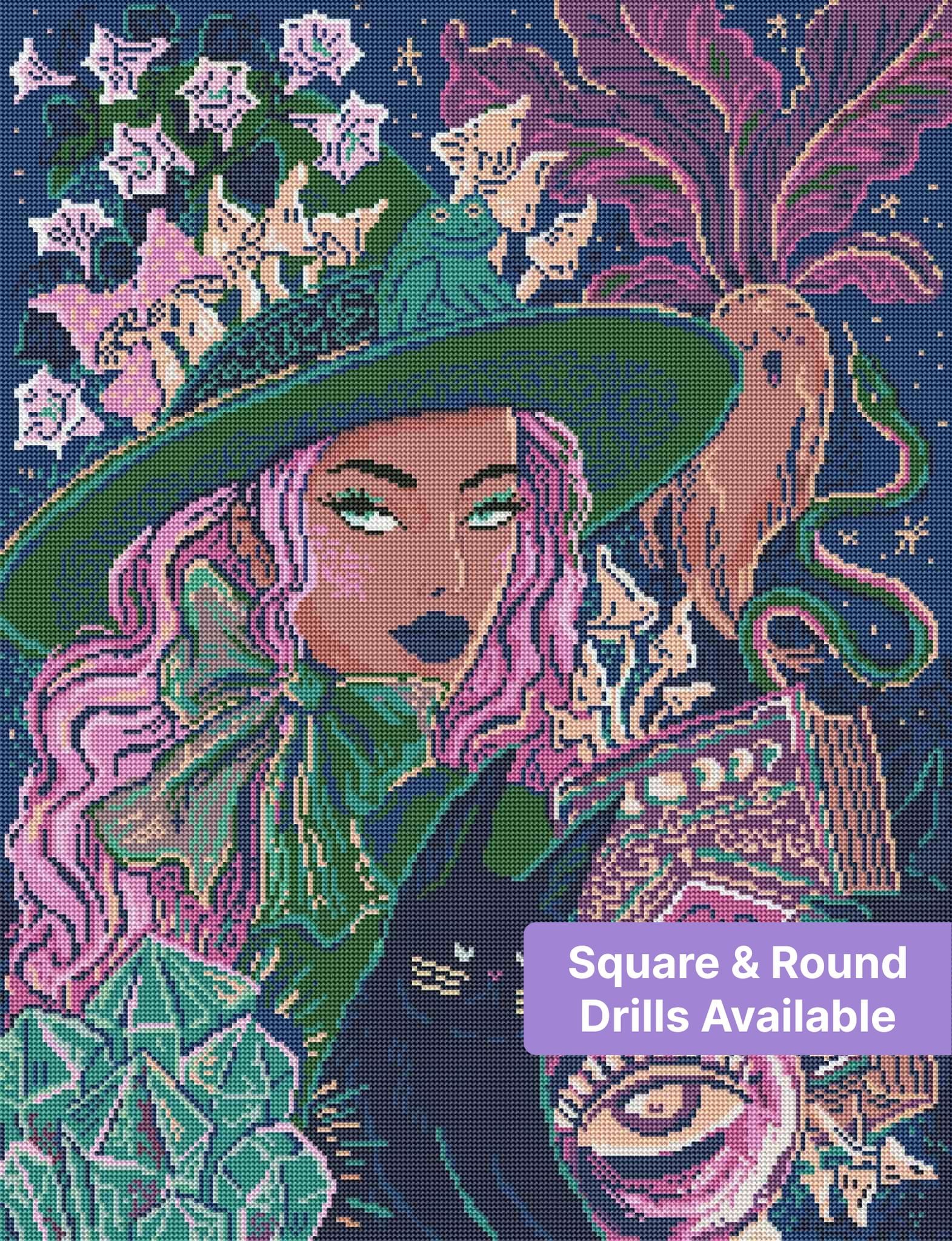 Fantasy witch with pink hair, green hat, cat, mushrooms, crystals, and moon symbols