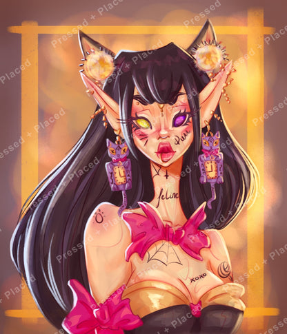 Fantasy catgirl portrait with dark hair, glowing eyes, and gothic anime style
