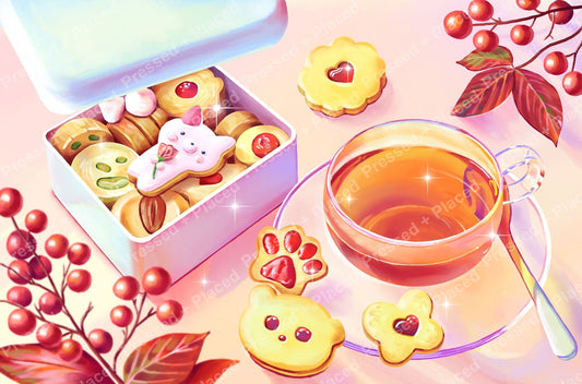 Pastel tea and cookie diamond painting design with autumn berries and sweet dessert details
