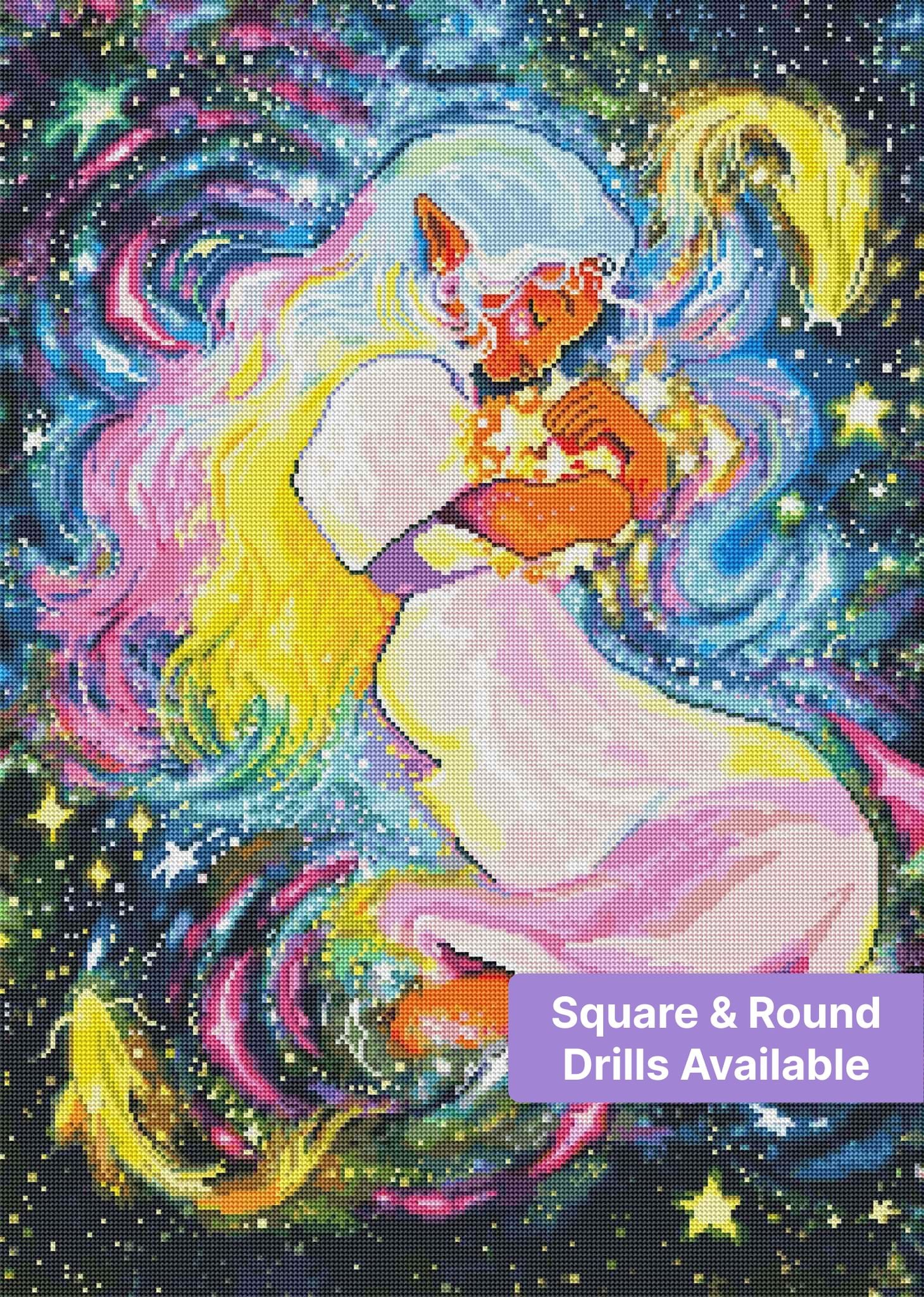 Colorful unicorn in a cosmic fantasy scene with stars and rainbow swirls