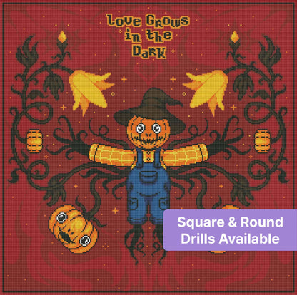 Pixel art scarecrow with pumpkins, candles, and dark vines on a red Halloween background
