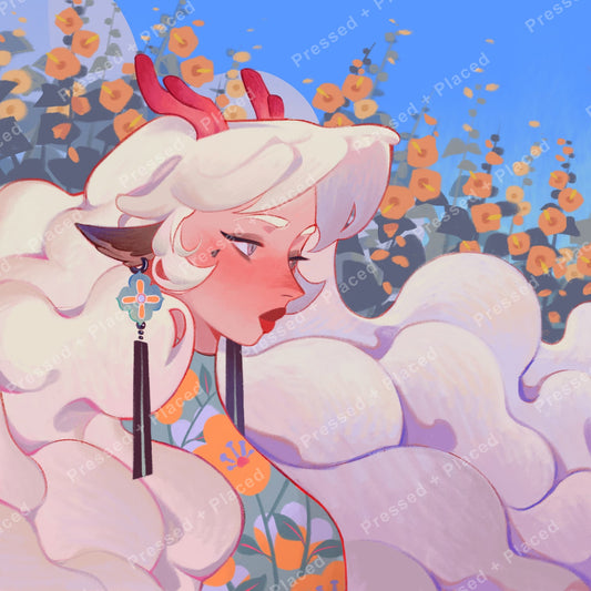 Anime-style elf character with white hair, red horns, and floral background