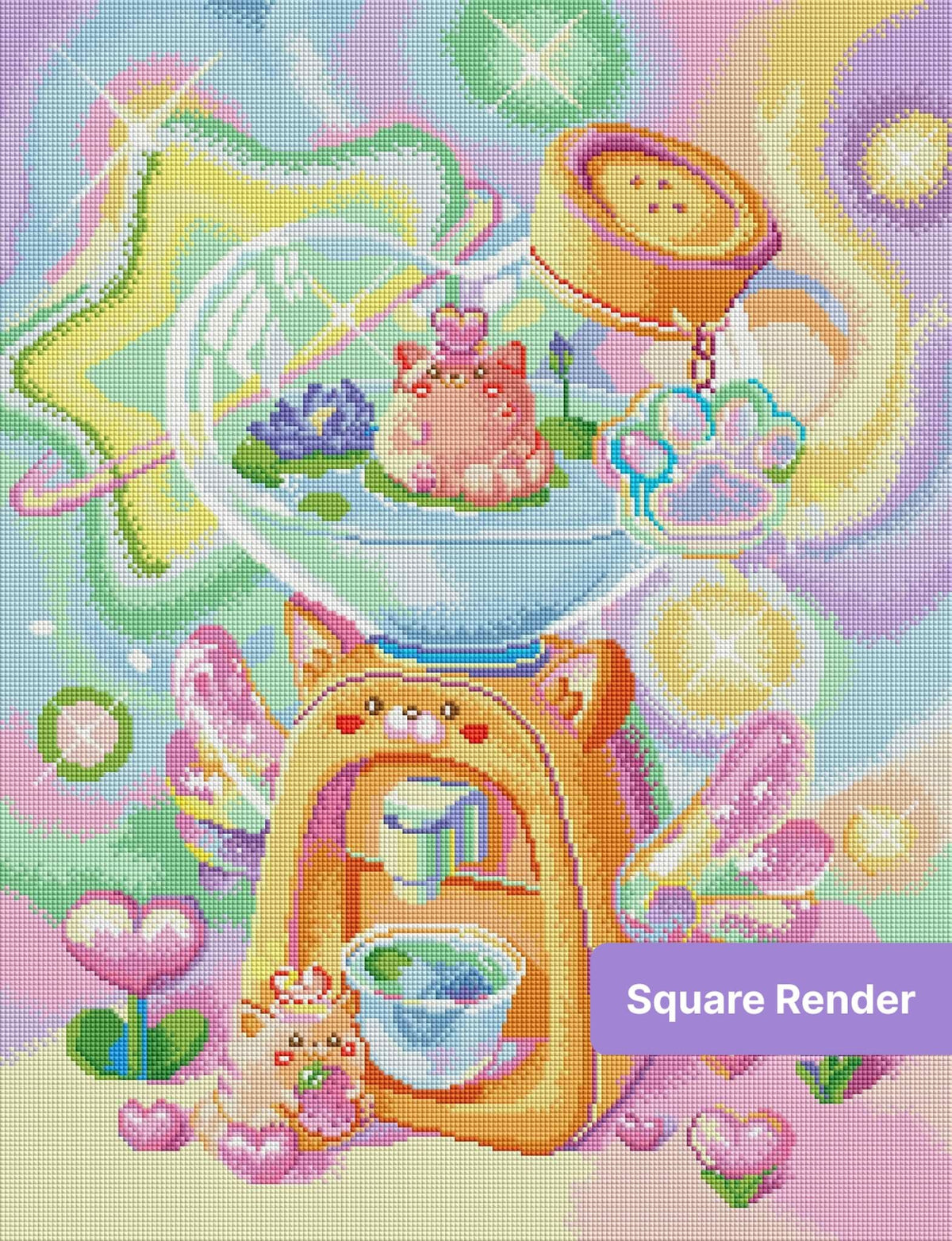 Cute pastel cat-themed diamond painting art with hearts, flowers, and rainbow colors